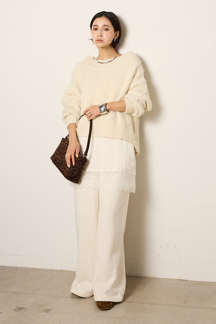 [SET]アルパカタッチオフショルニット+裏起毛スウェットワイドパンツ(2set)