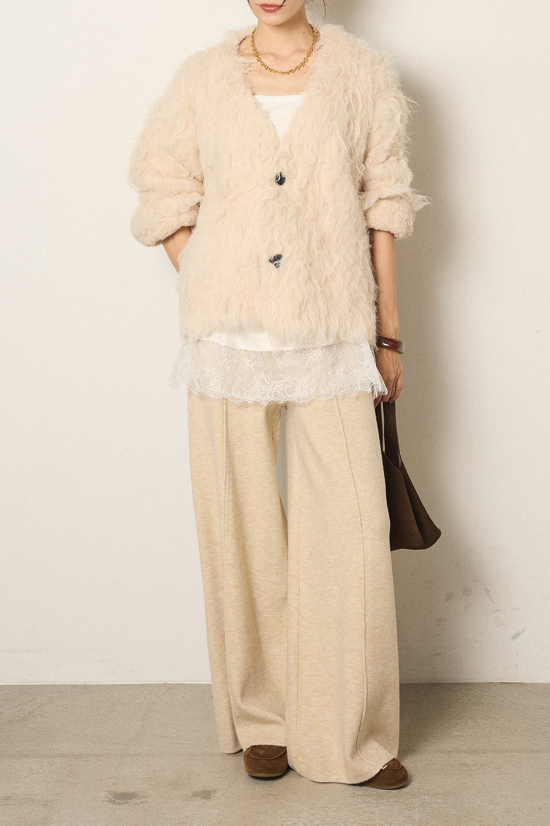 [SET]起毛シャギーニットカーディガン+センターラインニットパンツ(2set)