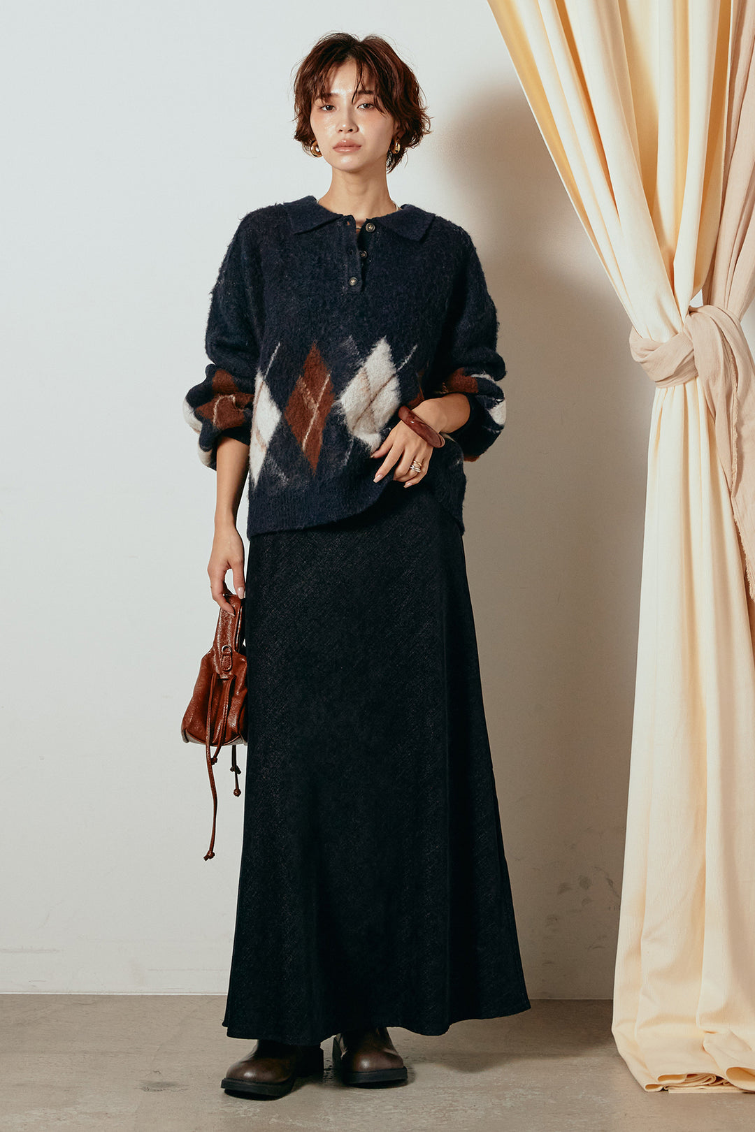 [SET]アーガイル柄ポロニットトップス+スウェードライクロングスカート(2set)