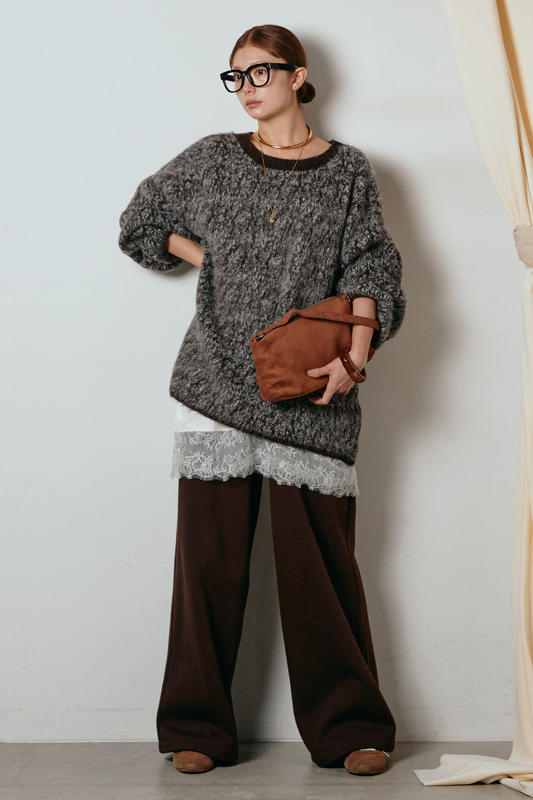 [SET]ボリュームスリーブミックスニットトップス+裏起毛スウェットワイドパンツ+レース切り替えキャミソール(3set)