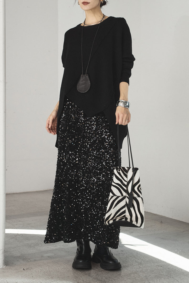 [SET]アシンメトリーデザインニットトップス+スパンコールニットワイドスカート(2set)