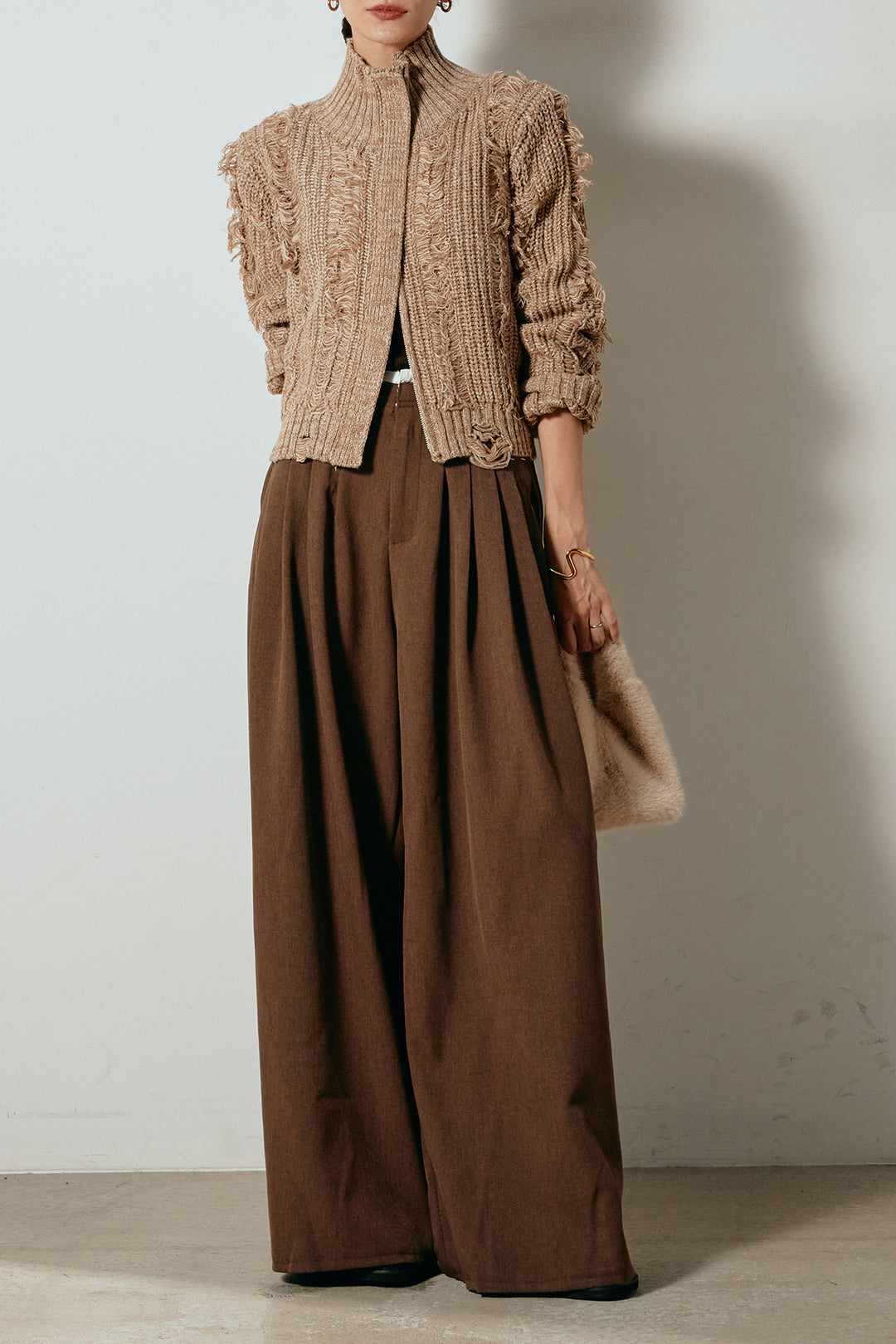 [SET]ハイネックフリンジジップニットトップス+ウエストステッチデザインワイドスラックス(2set)