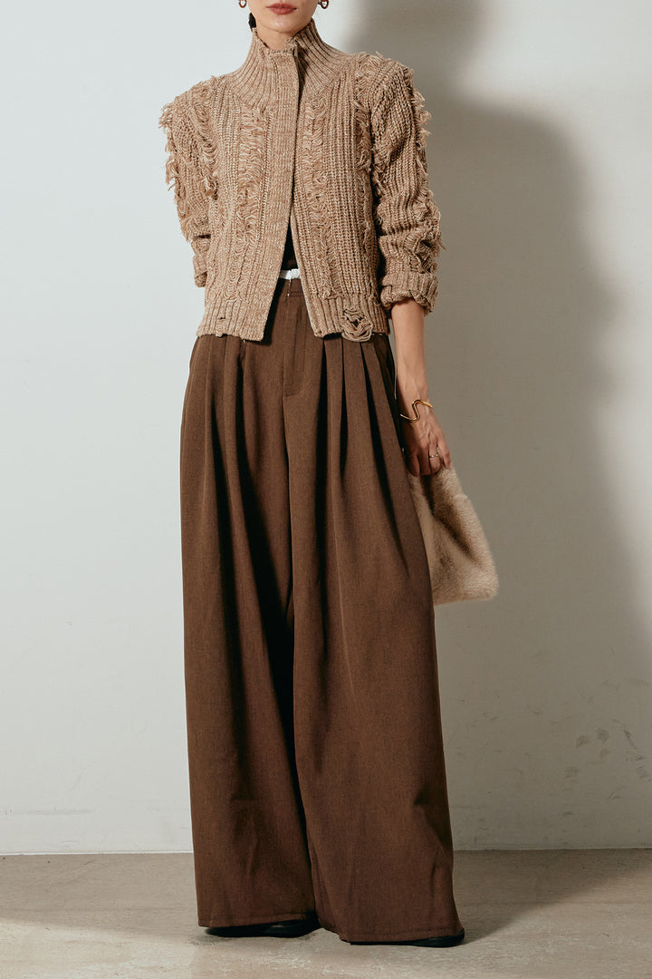 [SET]ハイネックフリンジジップニットトップス+ウエストステッチデザインワイドスラックス(2set)