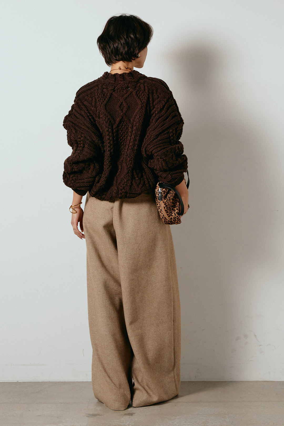 [SET]アラン柄ミックスケーブルニット+サイドボタンツイードタックパンツ(2set)