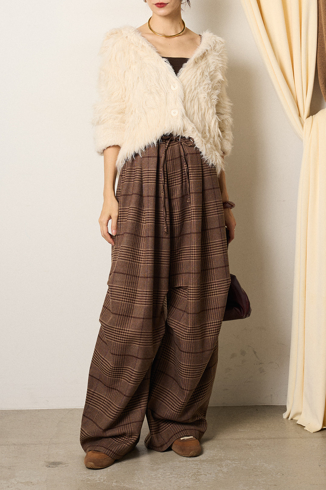 [SET]襟付きシャギーニットカーディガン+グレンチェックルーズタックパンツ(2set)