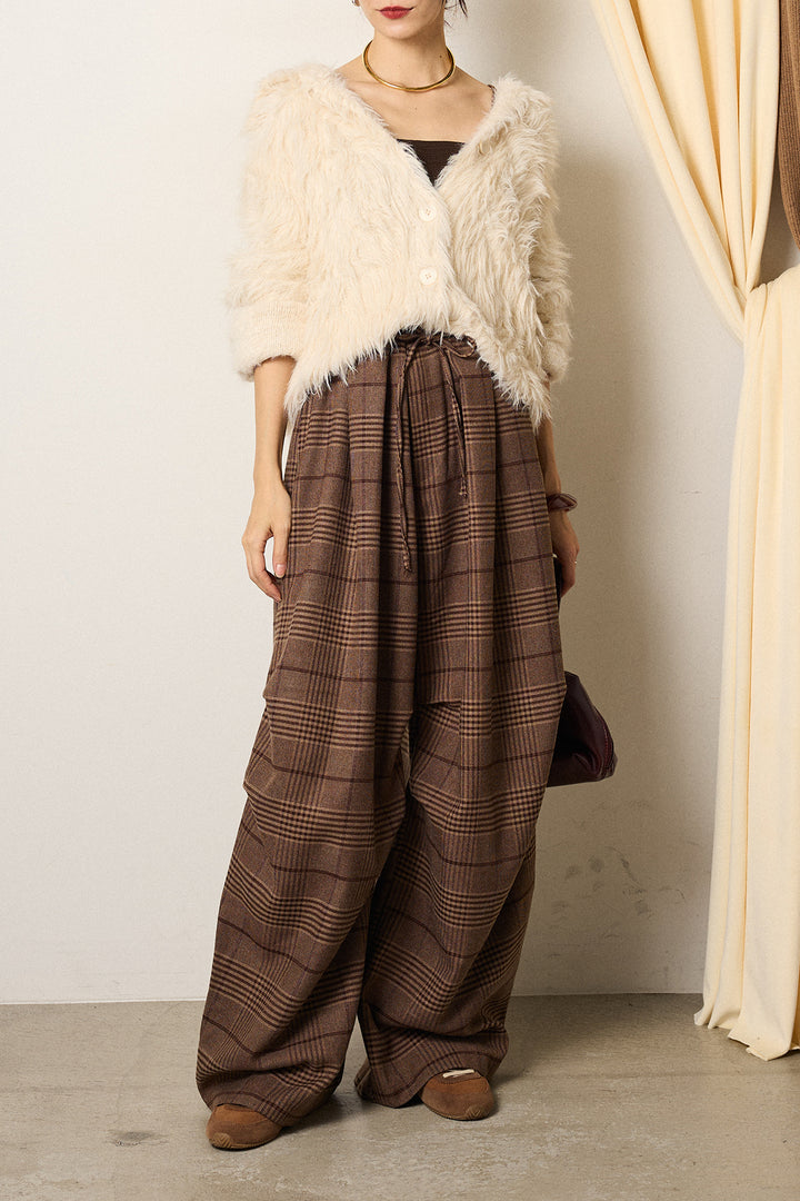 [SET]襟付きシャギーニットカーディガン+グレンチェックルーズタックパンツ(2set)