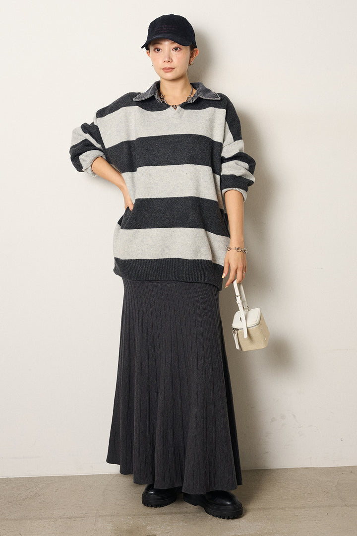 [SET]デニムカラーボーダールーズニット+編み地切り替えフレアニットスカート(2set)