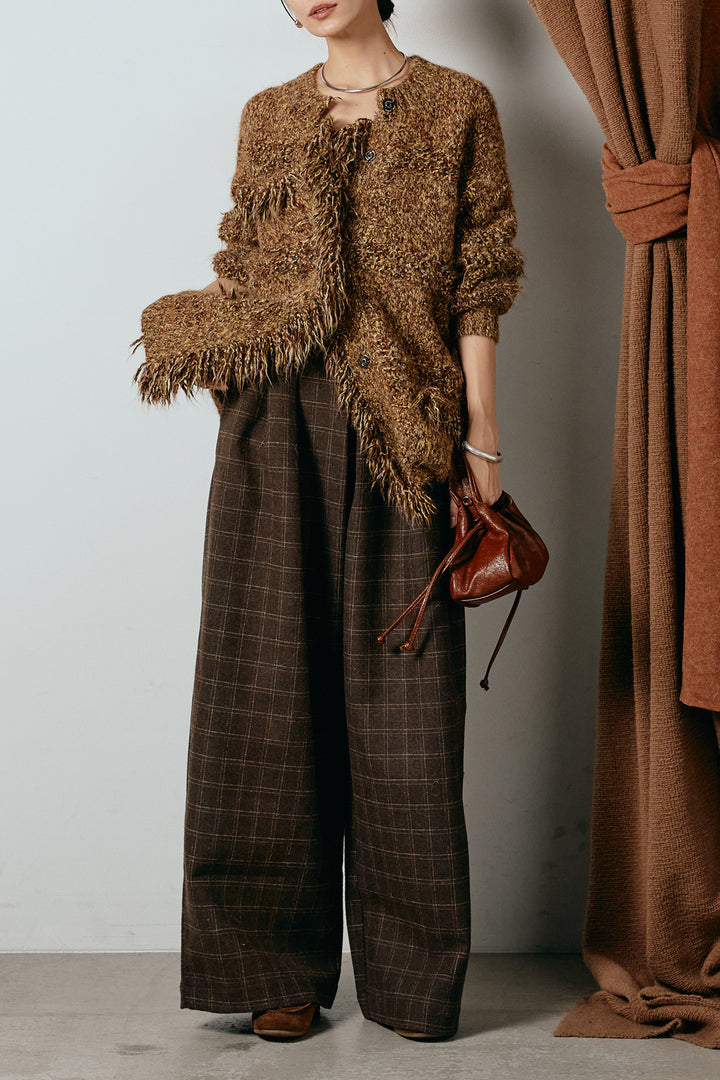 [SET]フリンジニットカーディガン+ウールライクチェックタックパンツ(2set)