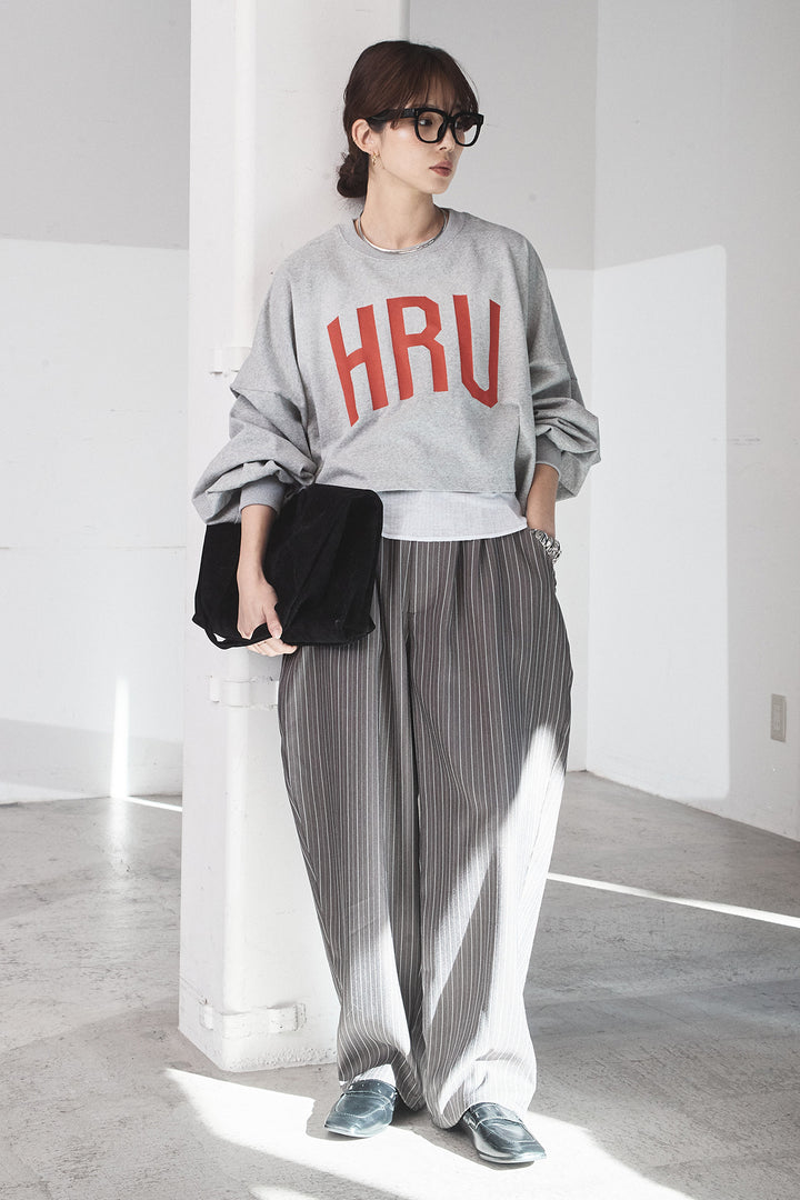 [SET]ビッグロゴHRU袖ボリュームトップス+リブシアークルーネック長袖トップス+ヘリンボーンストライプツータックパンツ(3set)