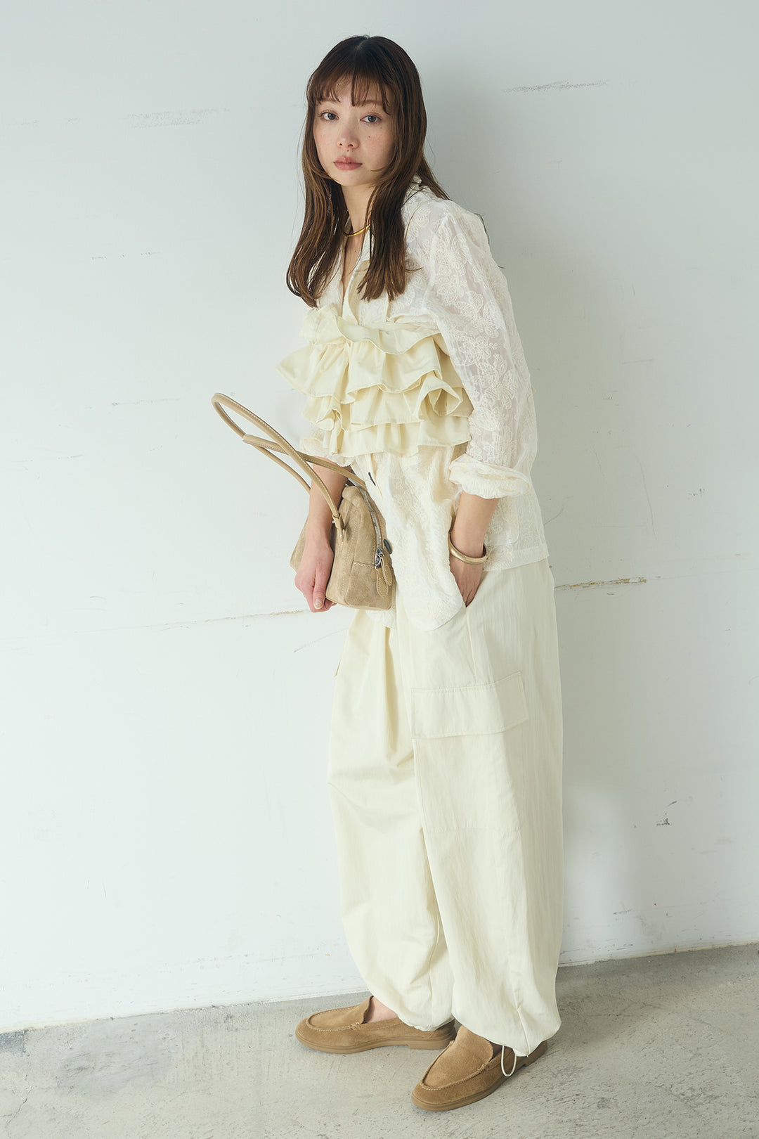 [SET]刺繍シアーテーラードジャケット+撥水フリルビスチェ+撥水ジョガーパンツ(3set)