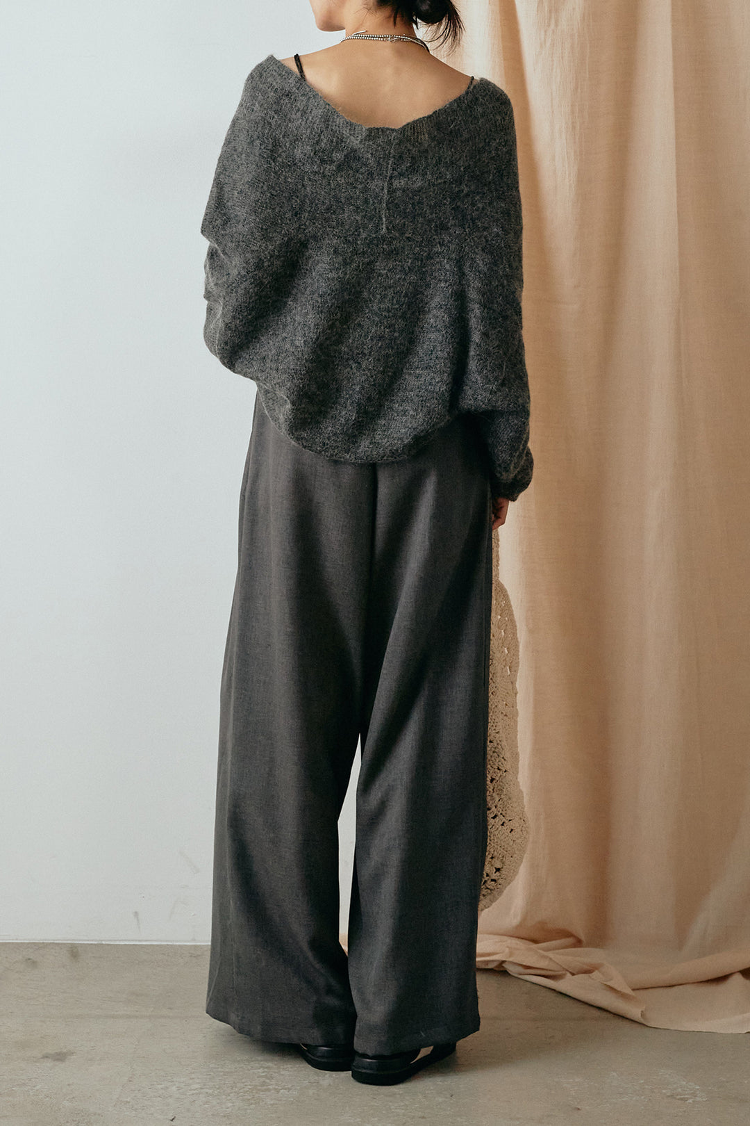 [SET]カシュクールデザインニット+細ベルト付きワイドパンツ(2set)