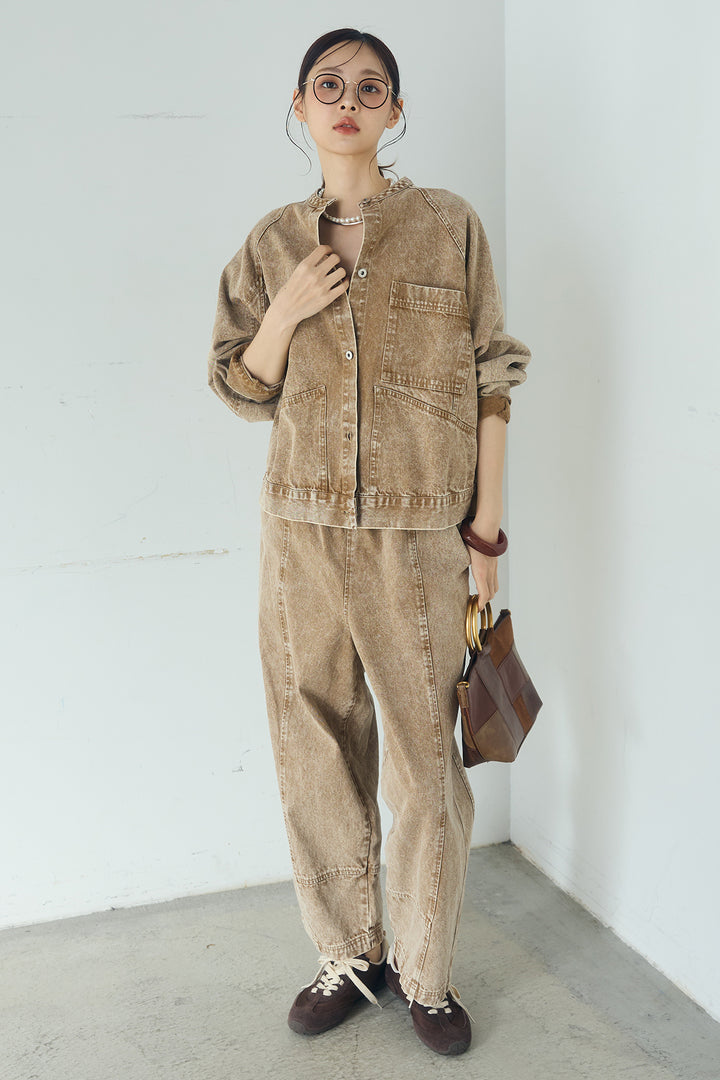 [SET]カラーデニムケミカル加工ノーカラーブルゾン+カラーデニムケミカル加工コクーンパンツ(2set)