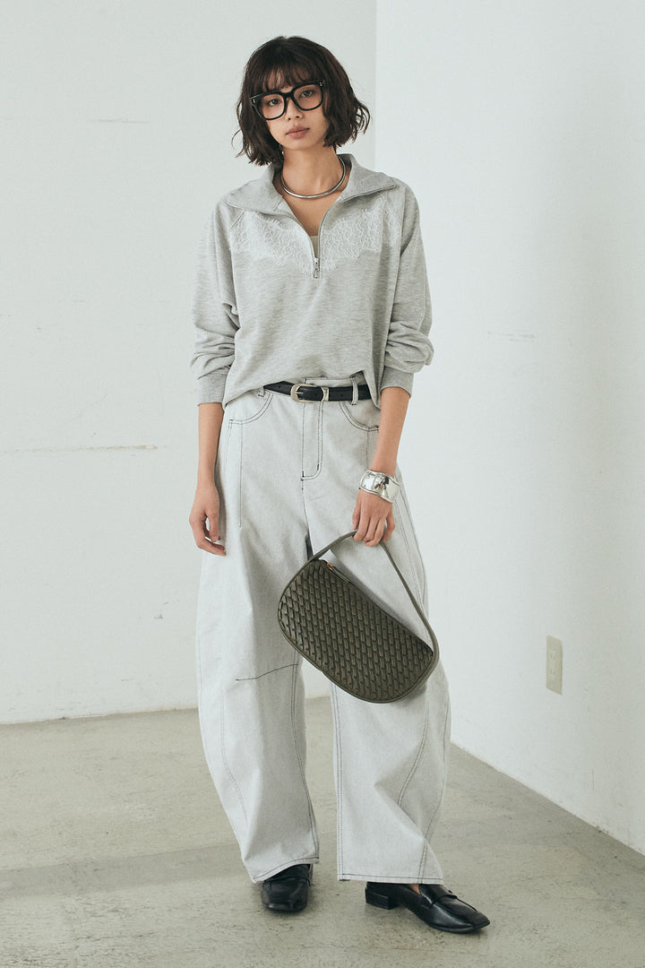 [SET]リバーレースハーフジップ裏毛スウェット+ツイル配色ステッチバレルパンツ(2set)