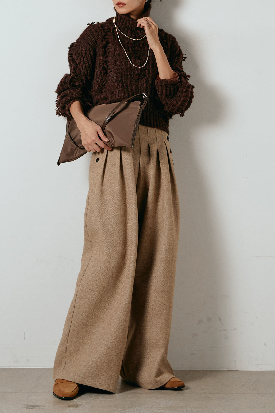 [SET]フリンジタートルショートニット+サイドボタンツイードタックパンツ(2set)