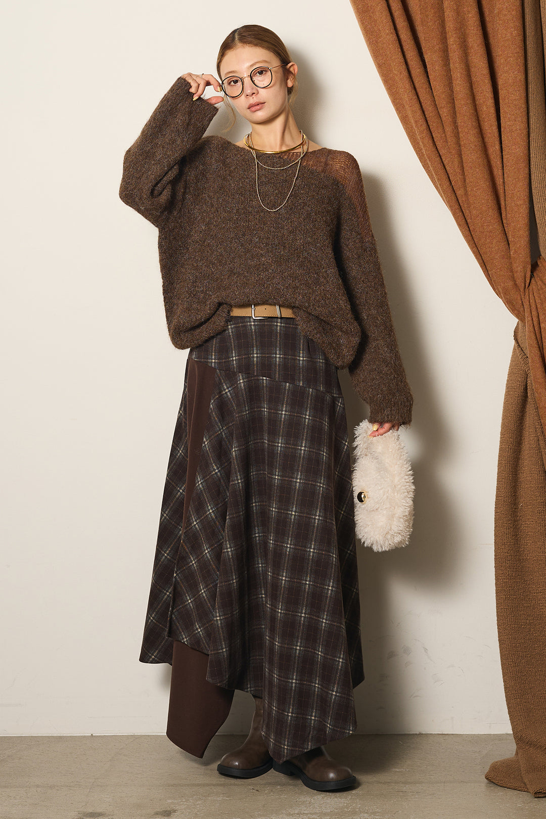 [SET]切り替え編みデザインニットトップス+フェイクレザーベルト付き切り替えタータンチェックスカート(2set)