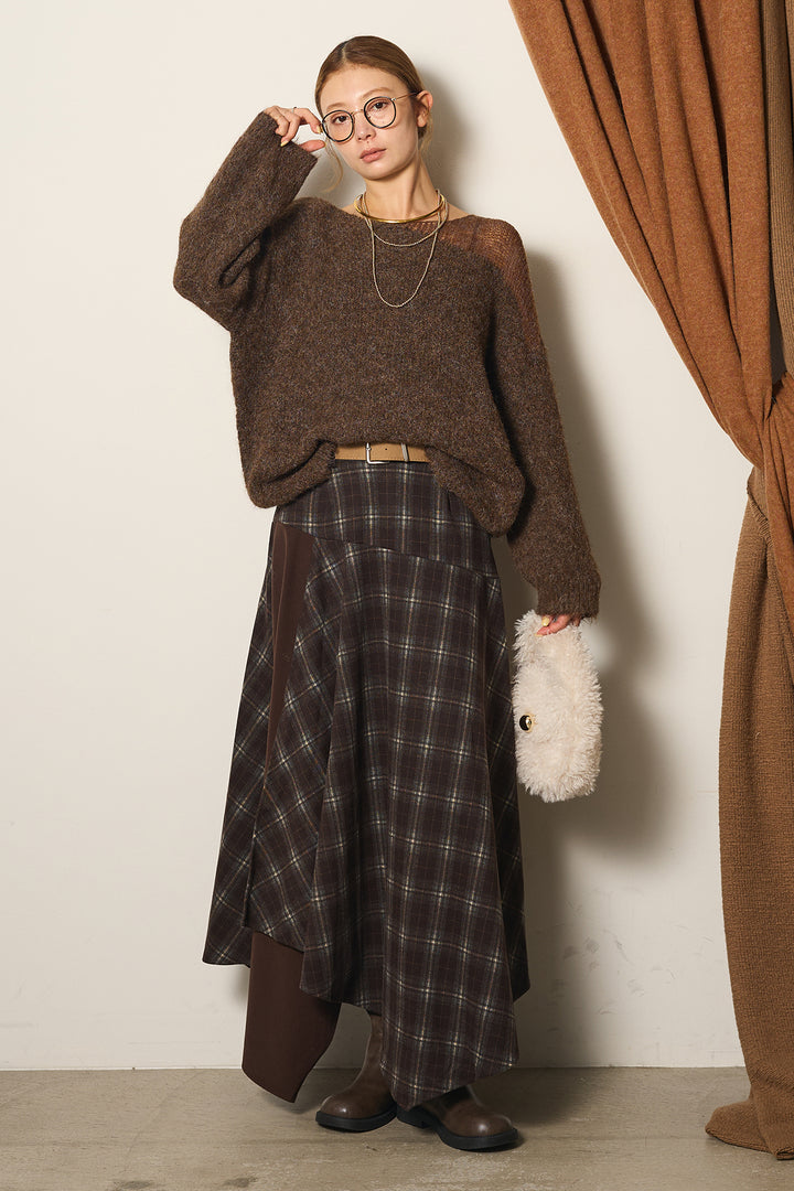 [SET]切り替え編みデザインニットトップス+フェイクレザーベルト付き切り替えタータンチェックスカート(2set)
