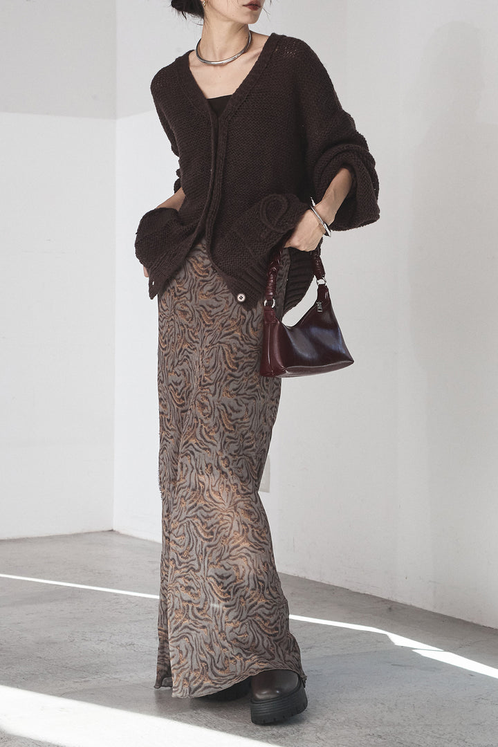 [SET]コード刺繍リラックスニットカーディガン+抽象柄ロングスカート(2set)