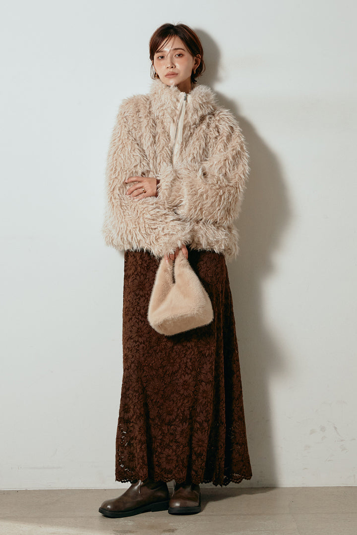 [SET]ミックスシープファースタンドブルゾン+花柄刺繍ベロアフレアスカート(2set)