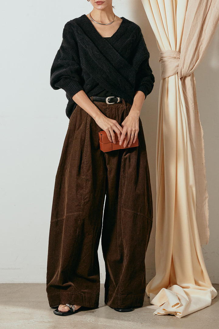 [SET]ケーブルカシュクールニットトップス+タック入りコーデュロイワイドパンツ(2set)