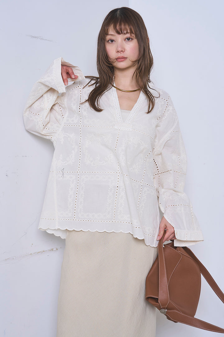 [SET]深V刺繍柄ブラウス+リネンブレンドロングナロースカート(2set)