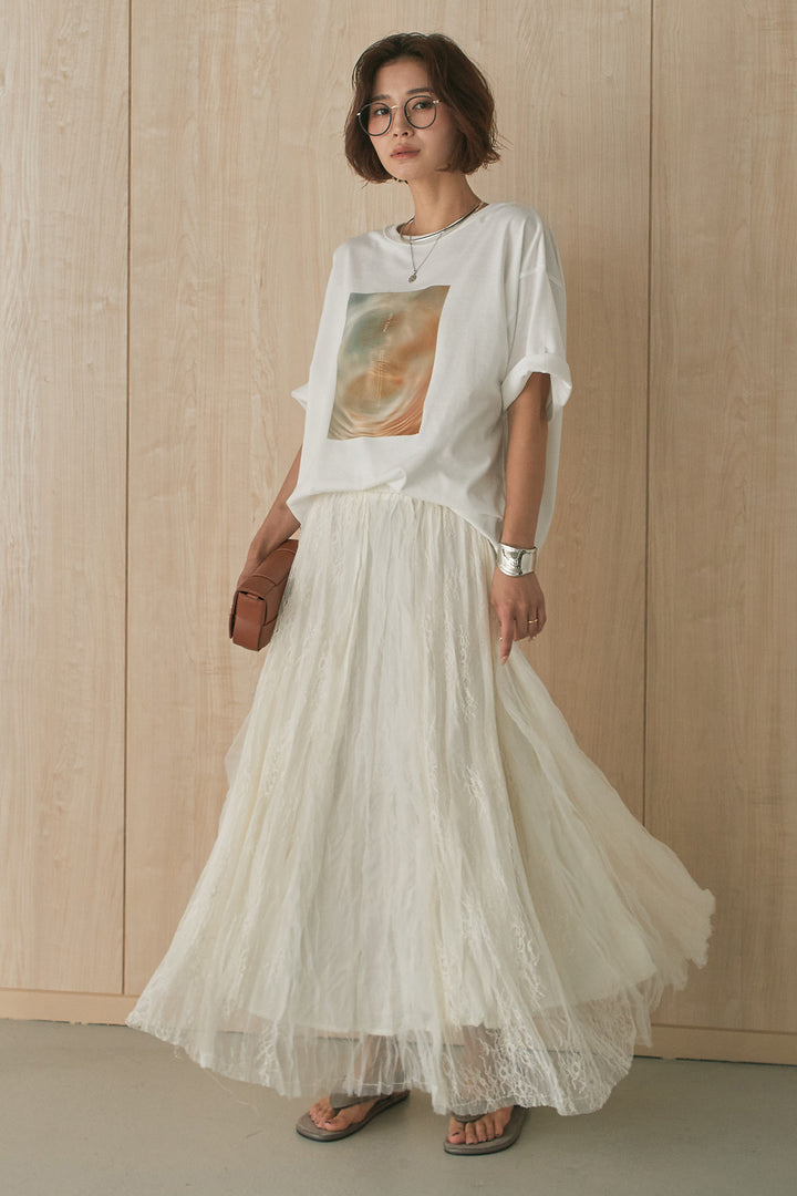 [SET]MarbleプリントTシャツ+レースコンビワッシャーギャザースカート(2set)