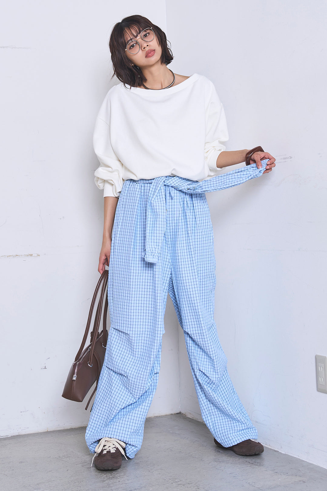 [SET]ワンショルスウェットプルオーバー+チェックウエスト巻きジョガーパンツ(2set)