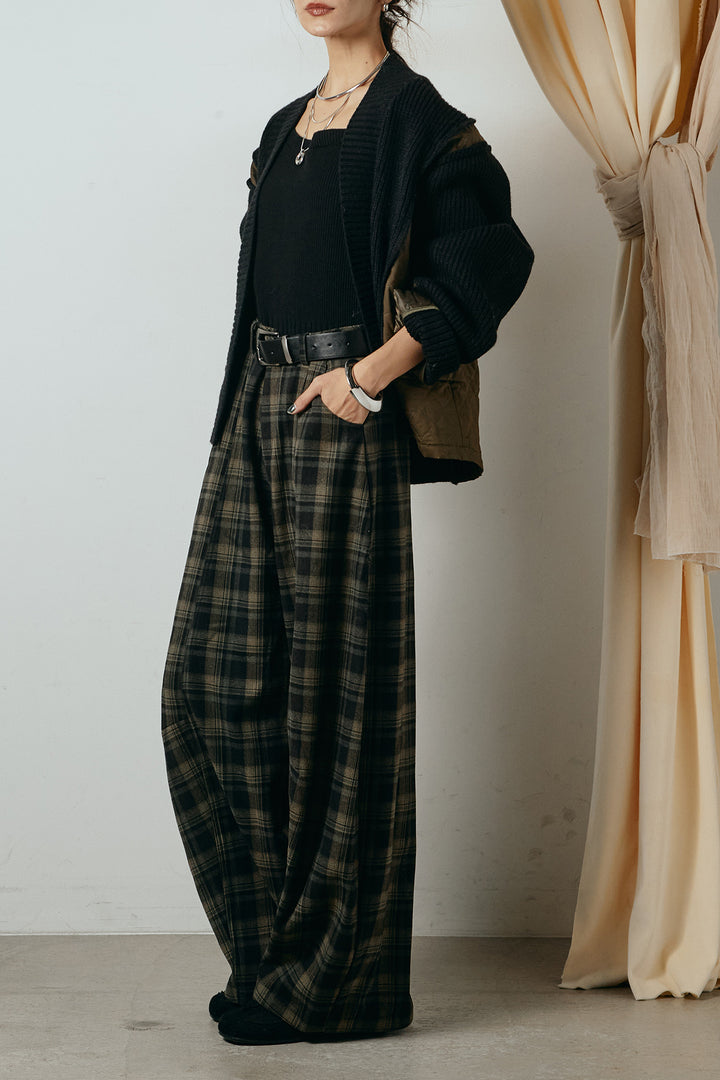 [SET]キルティング切り替えニットカーディガン+ベルト付きタータンチェックカーブワイドパンツ(2set)