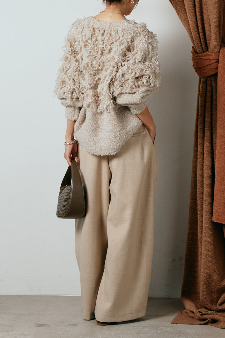 [SET]ループ編みVネックニットカーディガン+ポーチベルト付きカーブパンツ(2set)