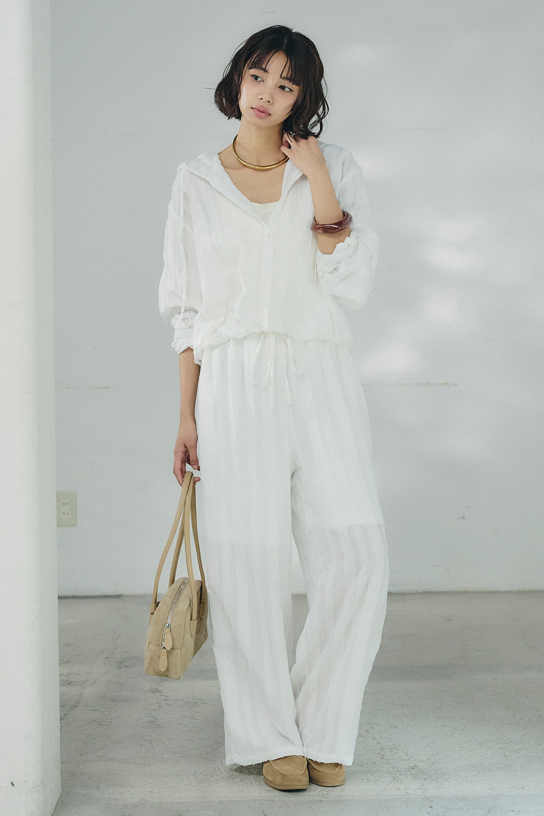 [SET]ストライプジャガードフードシャツ+ストライプジャガードロングイージーパンツ(2set)