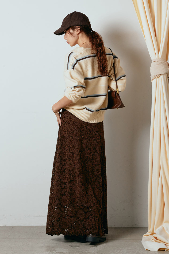 [SET]襟付きマルチボーダーニットポロトップス+花柄刺繍ベロアフレアスカート(2set)