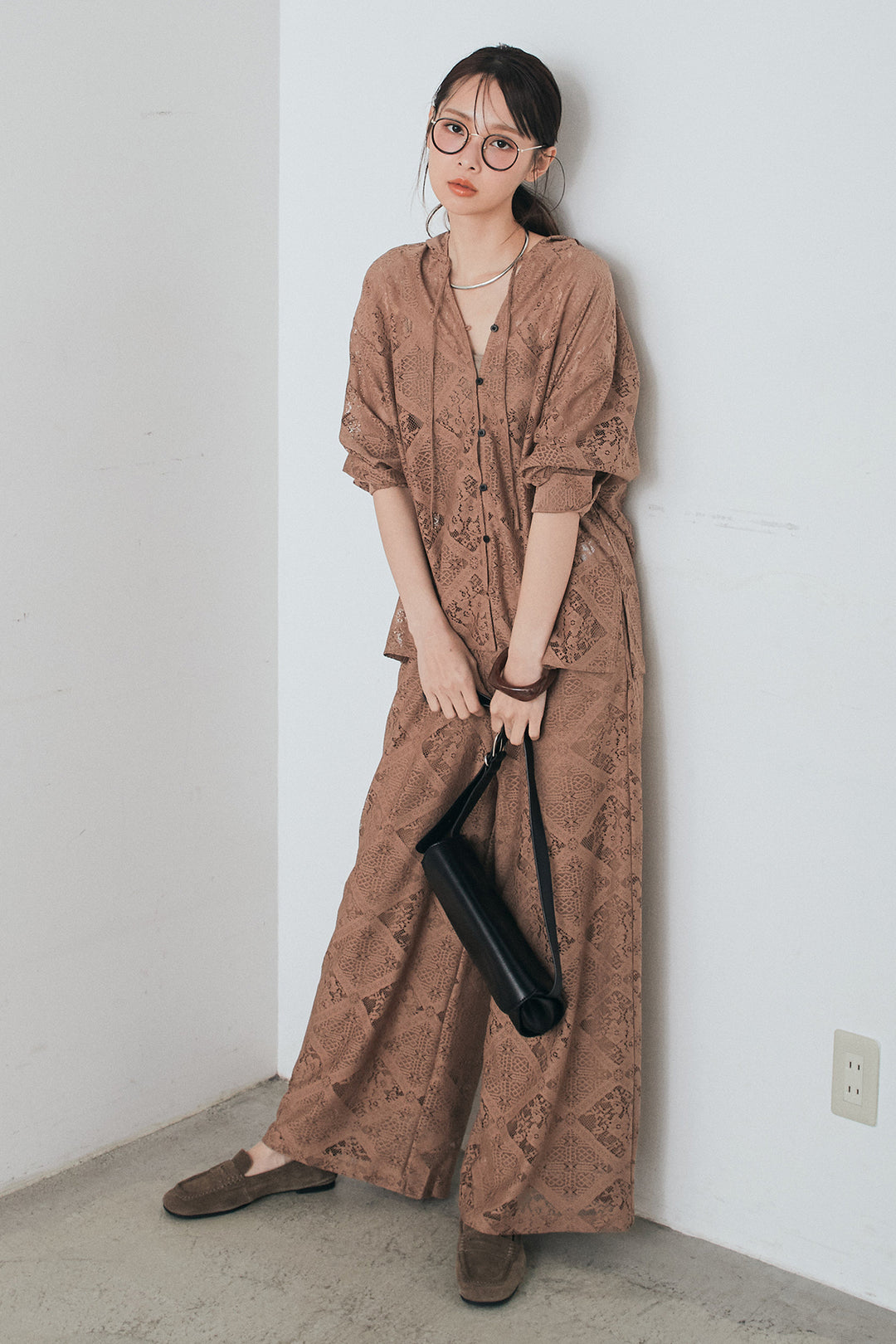 [SET]ブロックレースフード付きブラウス+リラックスブロックレースワイドパンツ(2set)