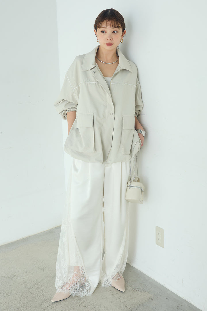 [SET]合繊ツイルバルーンジャケット+サテンレース切り替えタックパンツ(2set)
