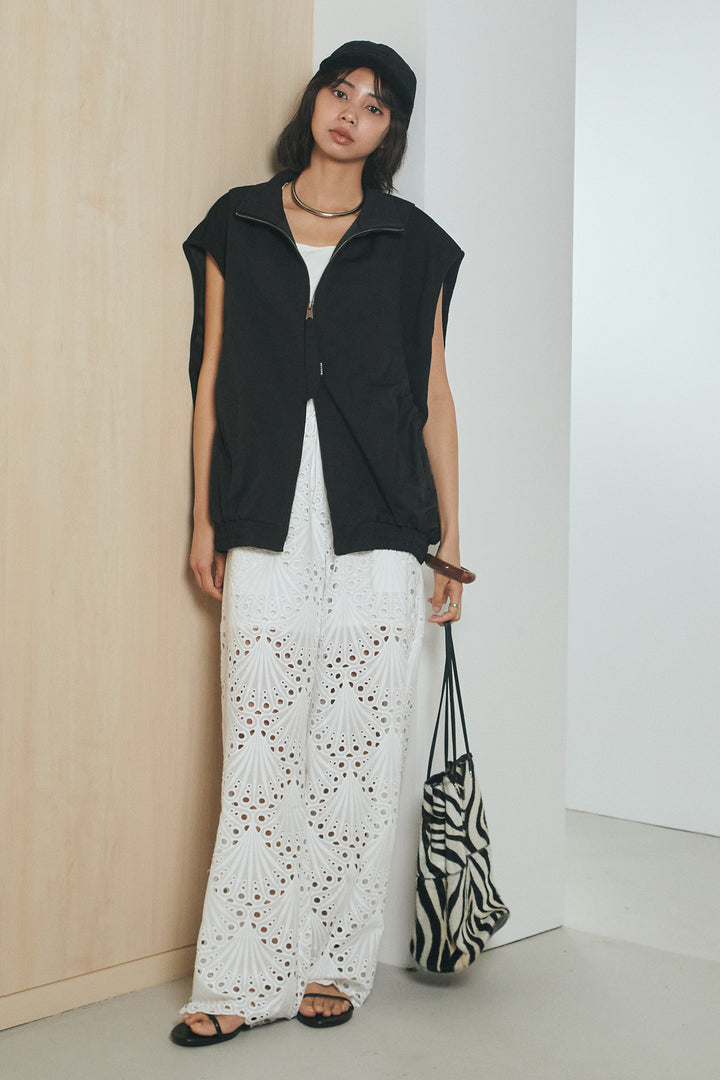 [SET]ショルダー切替スタンドネックジップベスト+レース刺繍リラックスパンツ(2set)