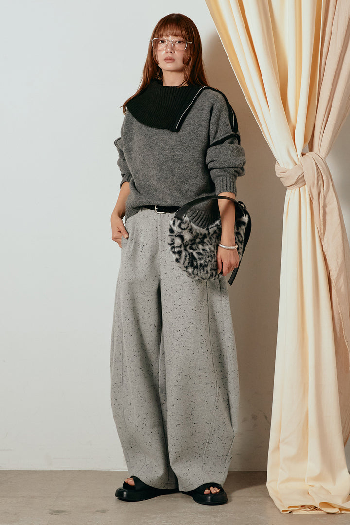 [SET]ハイネックジップデザインニットトップス+ベルト付きネップツイードカーブパンツ(2set)