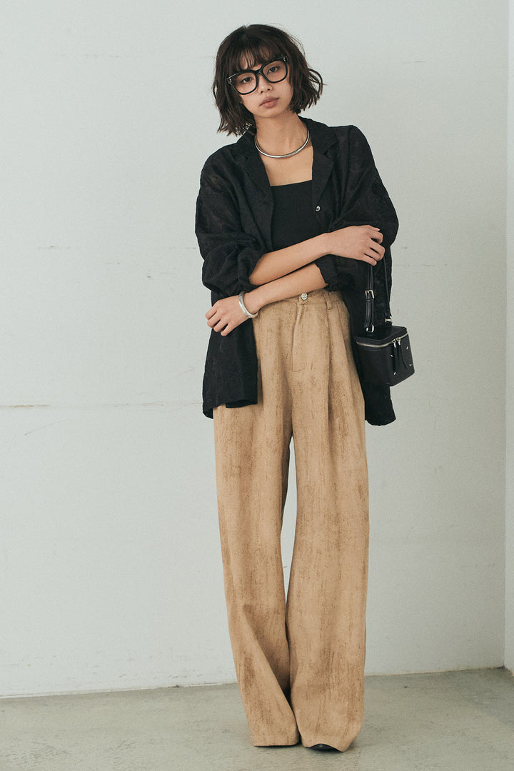 [SET]刺繍シアーオープンカラーシャツ+リネン混かすれ柄ワイドパンツ(2set)