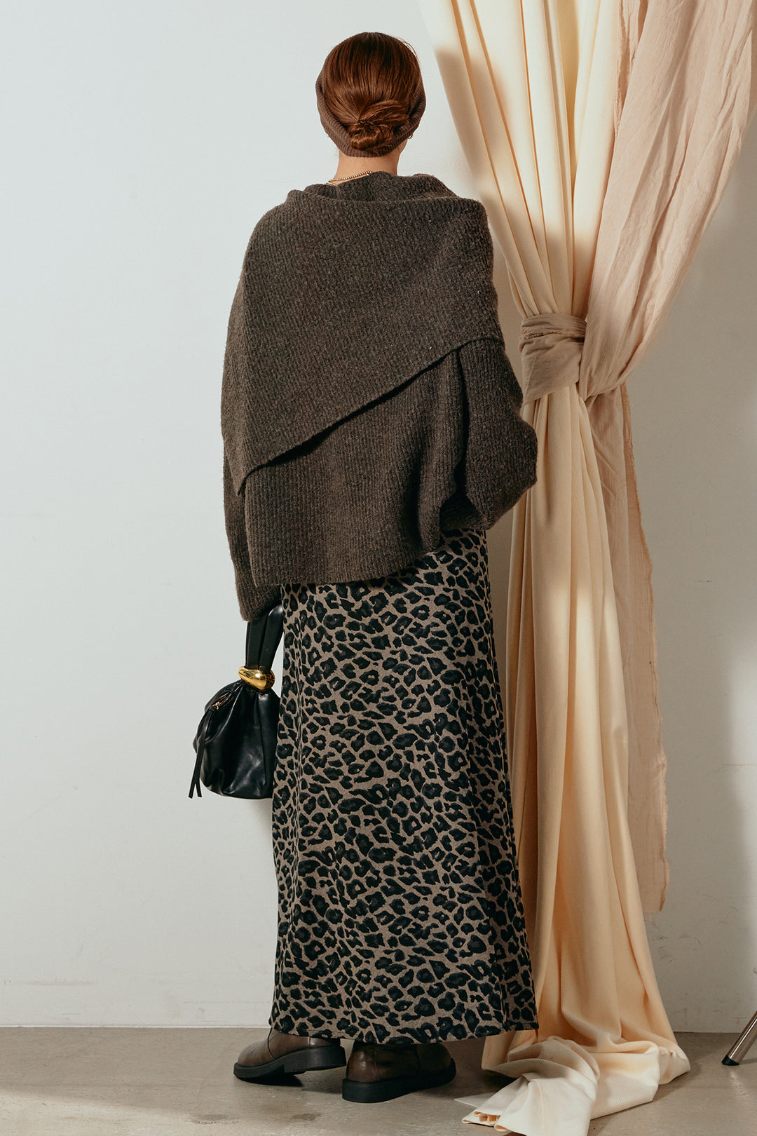 [SET]ケープデザインリブニットトップス+レオパードロングスカート(2set)