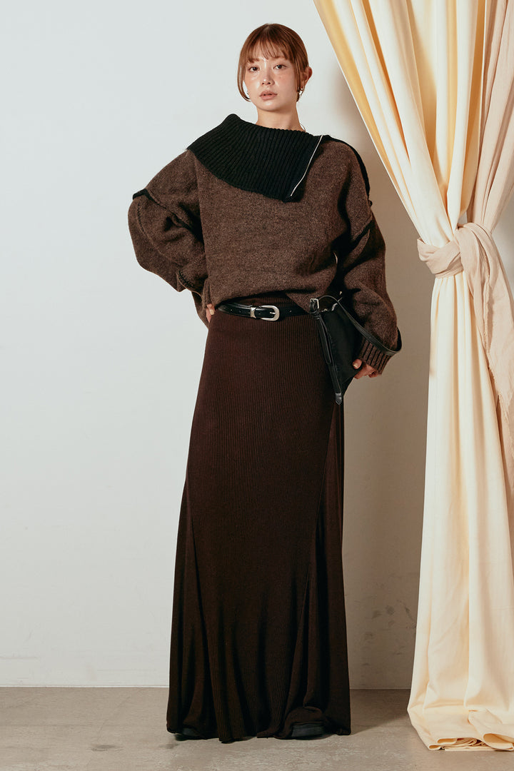 [SET]ハイネックジップデザインニットトップス+サイド切り替えリブニットロングスカート(2set)