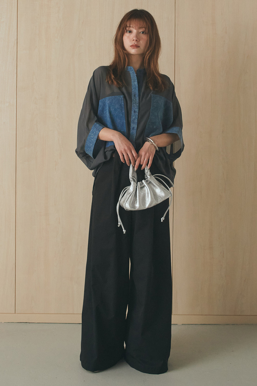 [SET]デニムライクビッグツーポケシアーシャツ+ベルトループデザインハイウエストタックパンツ(2set)