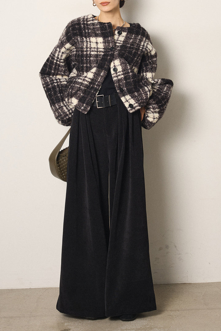 [SET]ノーカラーチェック柄ボアブルゾン+ベルトループコーデュロイワイドパンツ(2set)