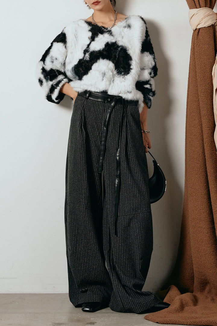 [SET]タイダイ柄シャギーニットトップス+レザーライク配色ストライプパンツ(2set)