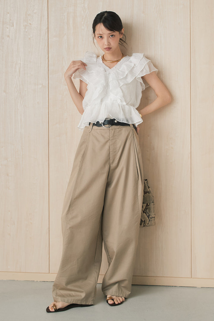 [SET]ネックシャーリングフリルブラウス+サークルバックルベルト付きタックワイドパンツ(2set)