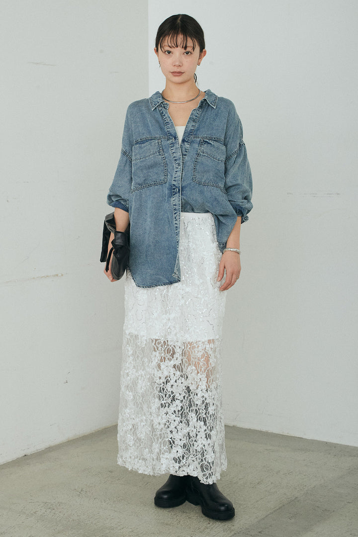 [SET]テンセルデニムシャツ+ラメ刺繍デザインスカート(2set)