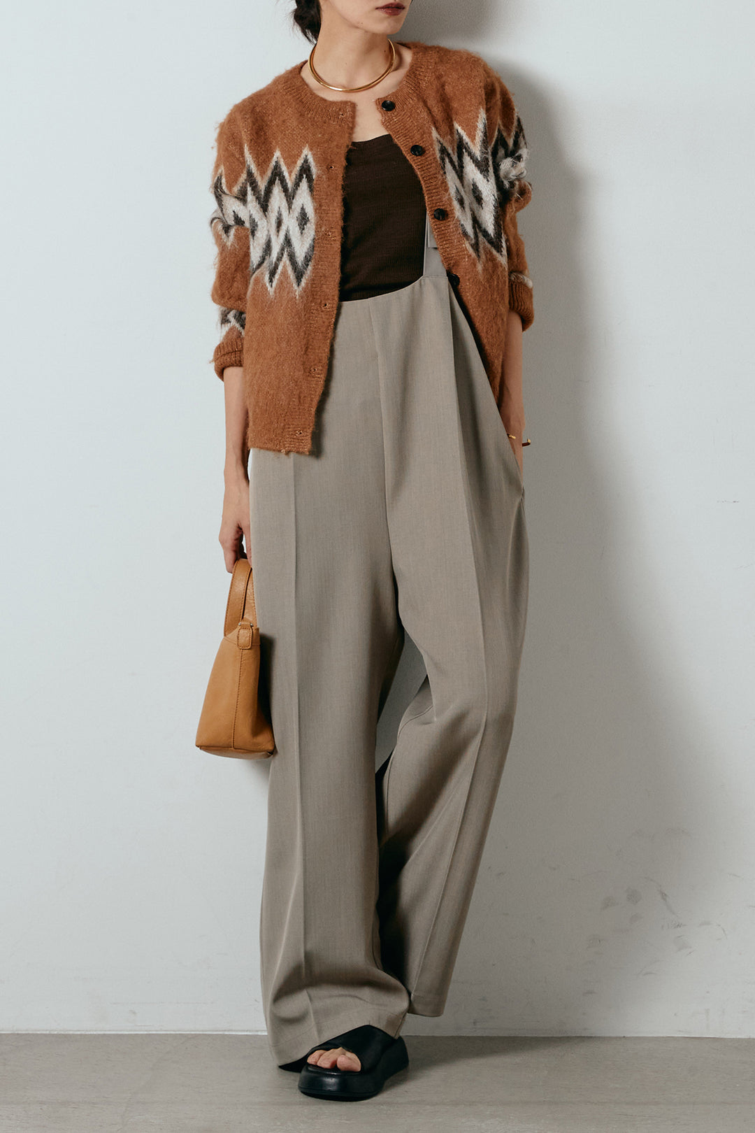 [SET]起毛ノルディック柄ニットカーディガン+ワイドツイルサロペット(2set)