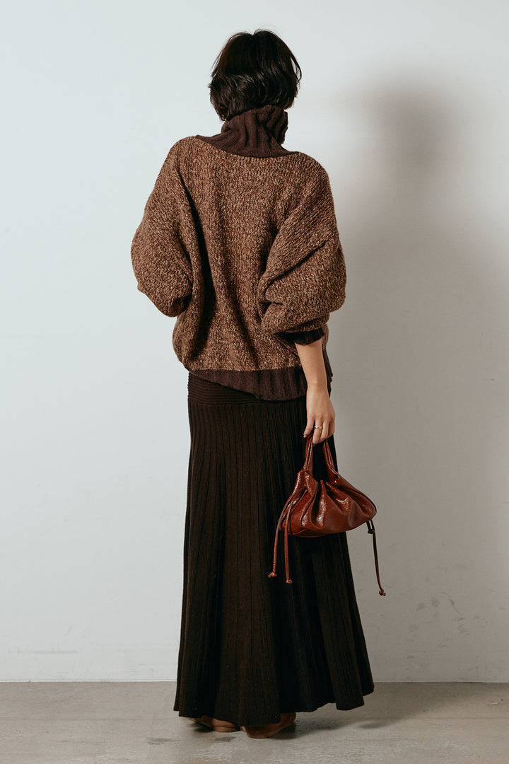 [SET]ハイネックミックスニットカーディガン+編み地切り替えフレアニットスカート(2set)