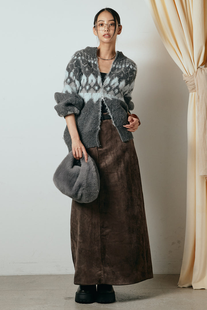 [SET]起毛ダブルジップパターンニットカーディガン+エコスウェードワイドスカート(2set)