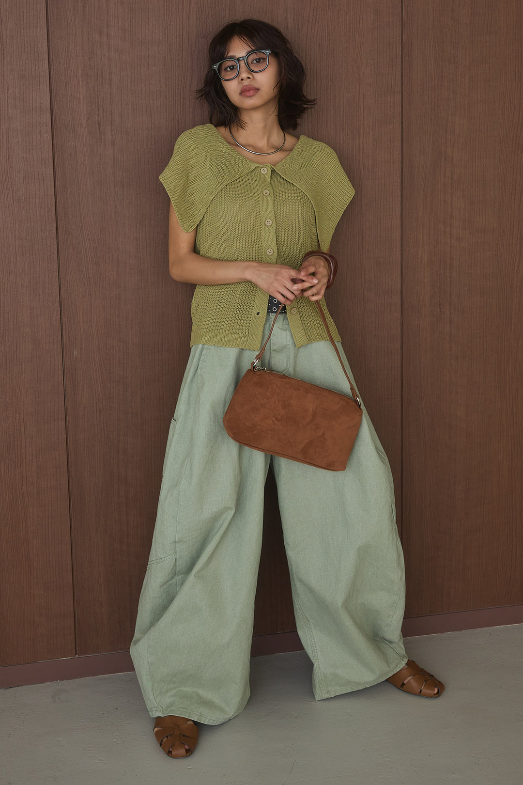 [SET]ビッグカラーボタンニットトップス+ベルト付きカラーデニムパンツ(2set)