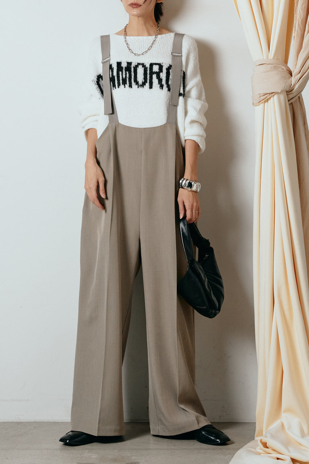 [SET]フロントロゴデザインニットトップス+ワイドツイルサロペット(2set)