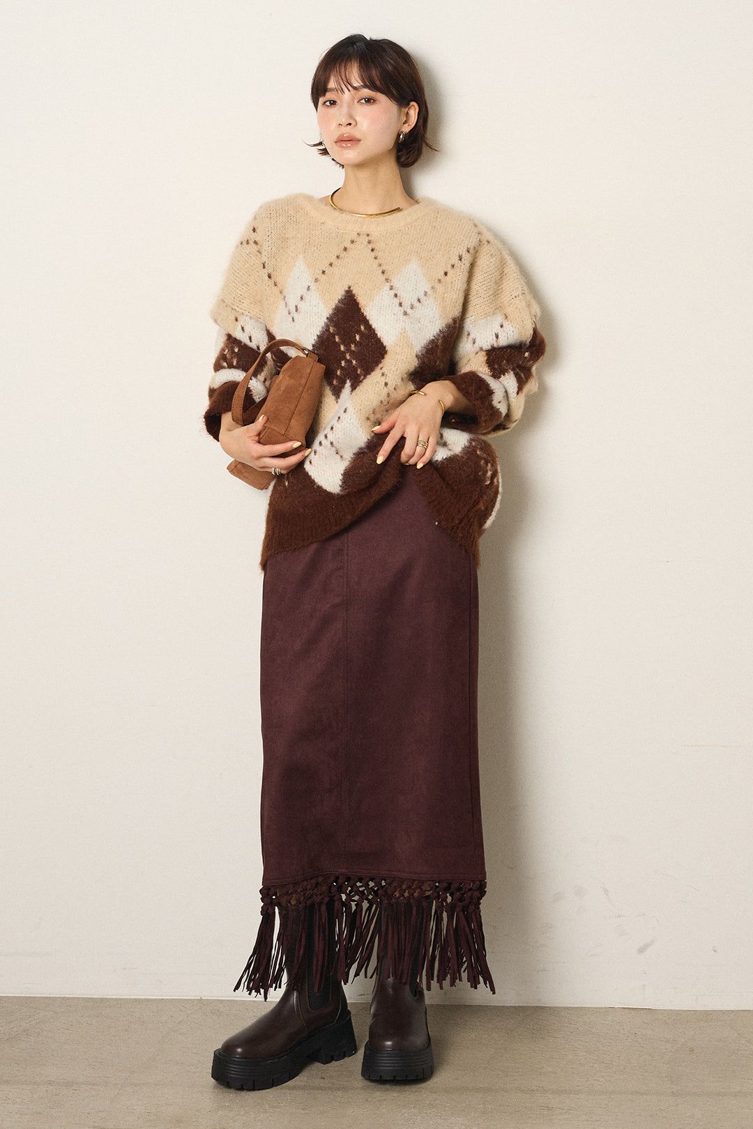 [SET]配色アーガイル柄ニットトップス+スウェードライク裾フリンジスカート(2set)