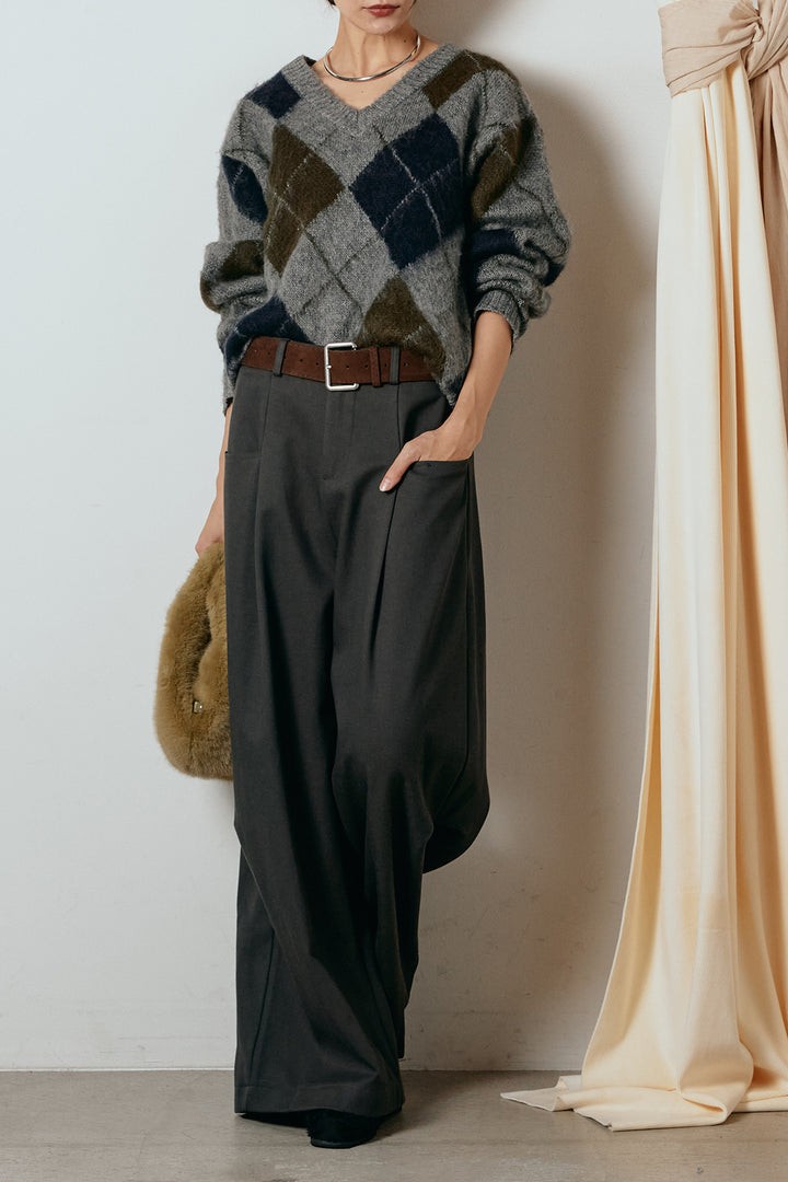 [SET]アクリルモヘアアーガイルVネックプルオーバー+太ベルト付きタックデザインワイドパンツ(2set)
