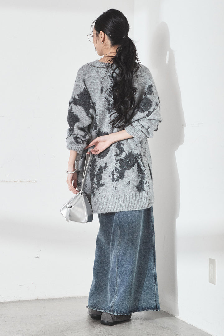 [SET]アブストラクト柄ニットプルオーバー+フロントジップデニムスカート(2set)